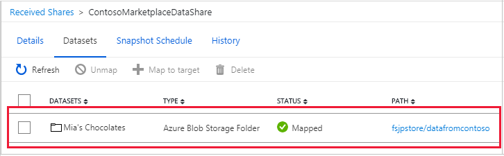 Skärmbild av fliken datamängder som visar en markerad datauppsättning.