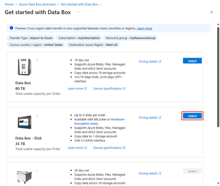 Skärmbild som visar platsen för alternativet Data Box Disk med knappen Välj.