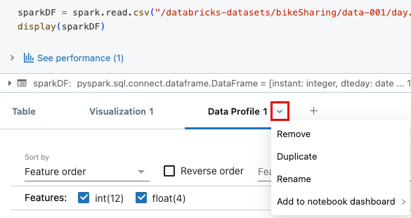 Notebook-dataprofilens nedrullningsbara meny