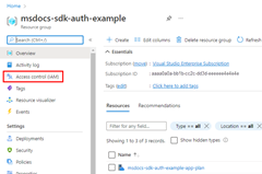 En skärmbild av resursgruppssidan som visar platsen för menyalternativet Åtkomstkontroll (IAM).