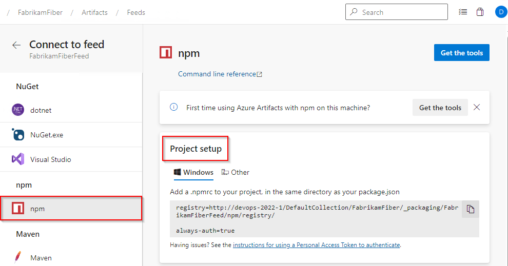 En skärmbild som visar hur du konfigurerar ett npm-projekt och ansluter till en Azure Artifacts-feed i Azure DevOps Server 2022.