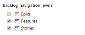 Teamkonfiguration, allmänna, kvarvarande navigeringsnivåer, funktioner och berättelser