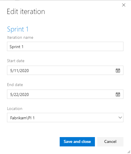 Iterationssida, skapa IP Sprint-iteration