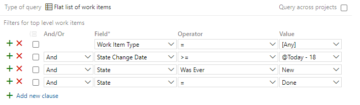 Skärmbild av Power Query-redigeraren, filtrera fälten Tillståndsändringsdatum och Tillstånd.