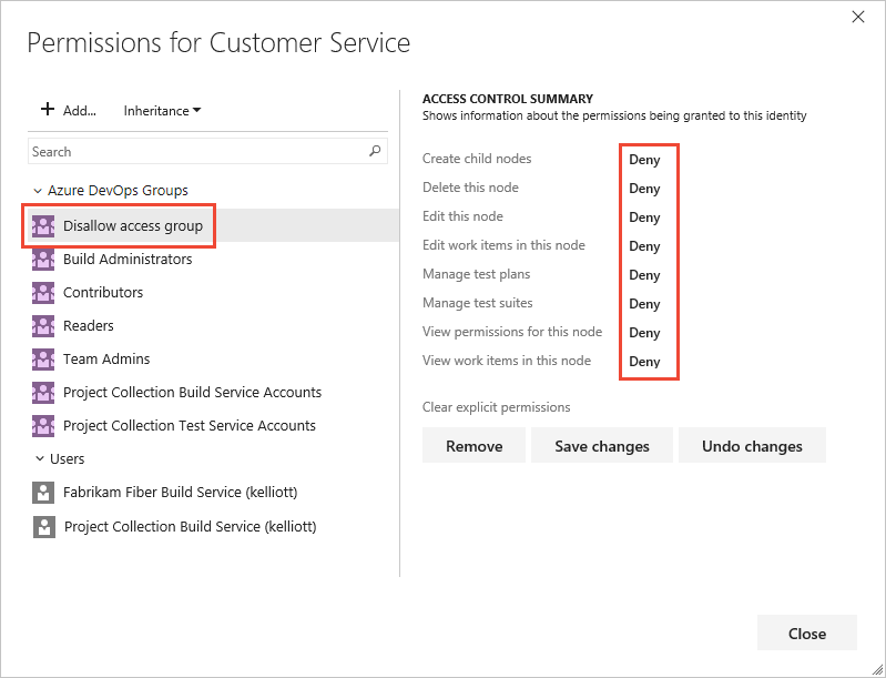 Skärmbild av noden Area Path Security, vald grupp och inställningen Neka behörigheter, Azure DevOps Server 2022 och tidigare versioner. 