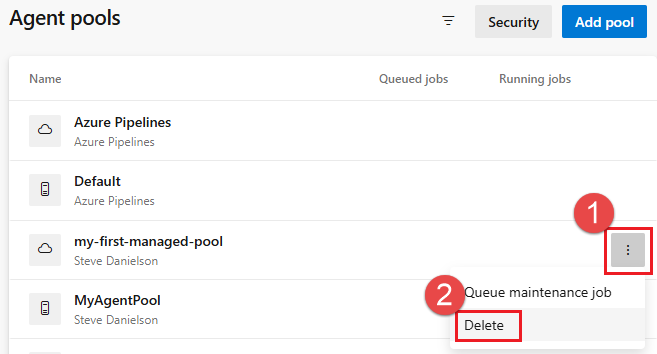 Skärmbild av borttagning av en agentpool.