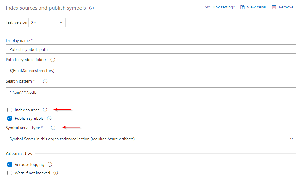 En skärmbild som visar hur du konfigurerar publiceringsaktiviteten för att publicera bärbara PDF-filer till Azure Artifacts-symbolservern.