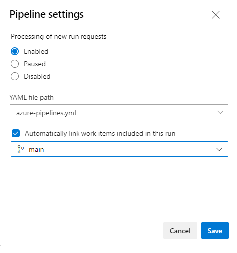 Dialogrutan Inställningar för YAML-pipeline.