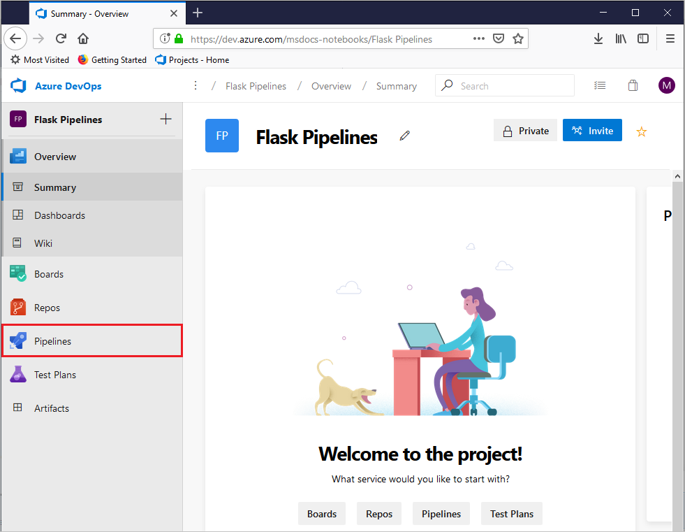 Skärmbild av val av pipelines på projektinstrumentpanelen.