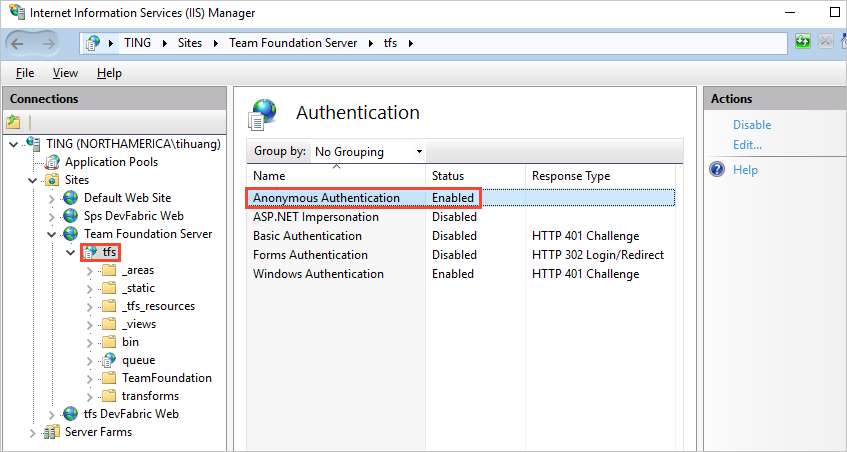 är TFS anonym autentisering aktiverat