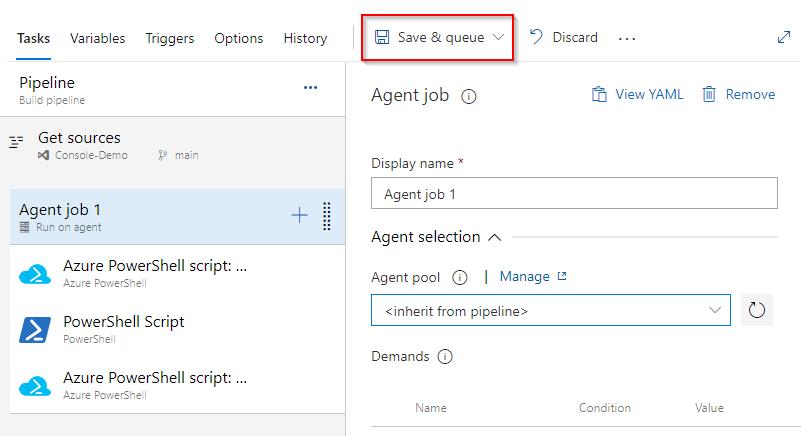 En skärmbild som visar en klassisk pipeline för att lägga till brandväggsregler och köra SQL-skript.