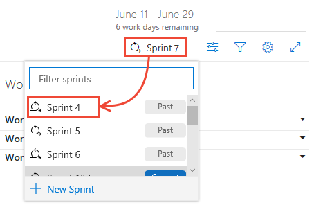 Skärmbild som visar här att du kan välja en tidigare sprint från sprintväljaren.