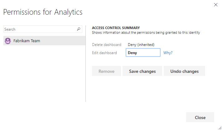 Dialogrutan Behörigheter för analysinstrumentpanelen, Azure DevOps Server 2019.