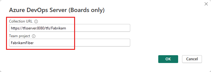 Skärmbild som visar dialogrutan Azure DevOps Server där du kan ange din URL och ditt projekt.