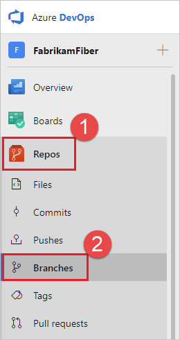 En skärmbild som visar hur du navigerar till grenar i Azure Repos.