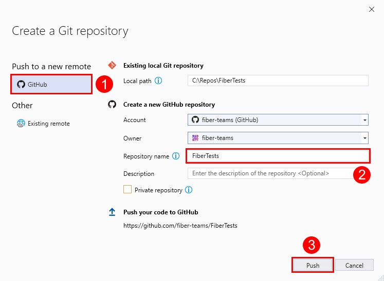 Skärmbild av fönstret Skapa en Git-lagringsplats med URL:en för en tom GitHub-lagringsplats i Visual Studio 2019.