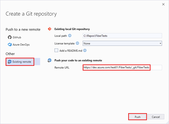 Skärmbild av fönstret Skapa en Git-lagringsplats med URL:en för en tom Azure-lagringsplats i Visual Studio 2022.