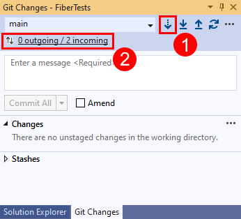 Skärmbild av länken Hämta knappar och Inkommande i fönstret Git-ändringar i Visual Studio 2019.