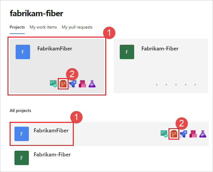 Skärmbild av organisations- eller samlingssidan som visar projekt.