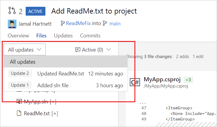 Skärmbild som visar PR-uppdateringar på fliken Filer i en Azure Repos PR.