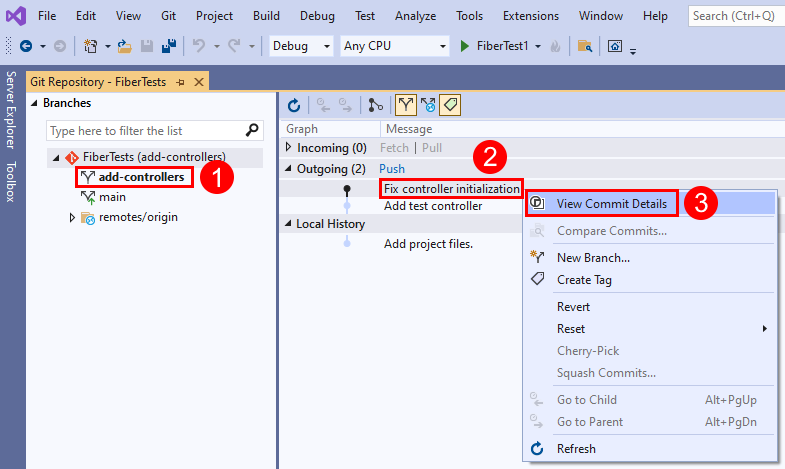 Skärmbild av menyalternativet Visa incheckningsinformation för en incheckning i fönstret Git-lagringsplats i Visual Studio.