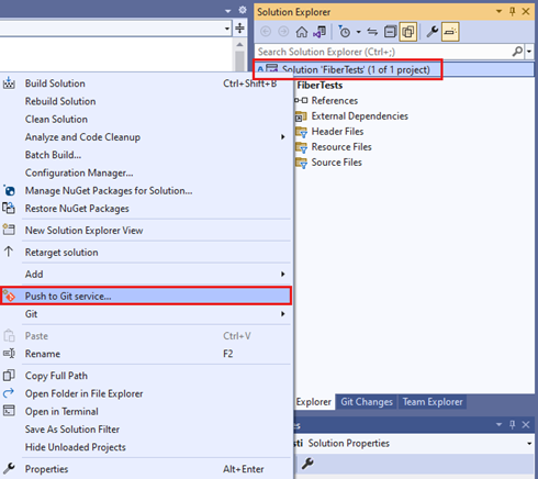 Skärmbild av menyalternativet Push-till Git-tjänst i snabbmenyn Istraživač rešenja i Visual Studio 2022.