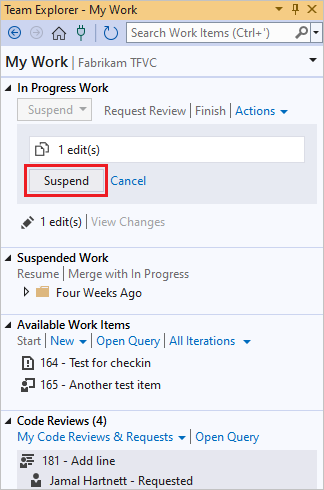 Skärmbild av länken Pausa på sidan Mitt arbete i Team Explorer.