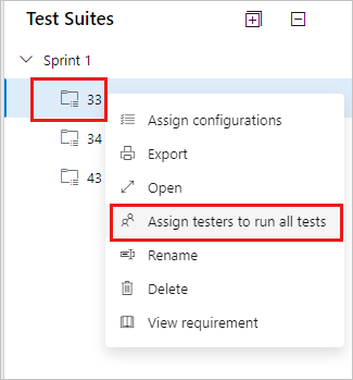 Skärmbild som visar alternativet Tilldela testare för att köra alla tester i en snabbmeny för testpaket.