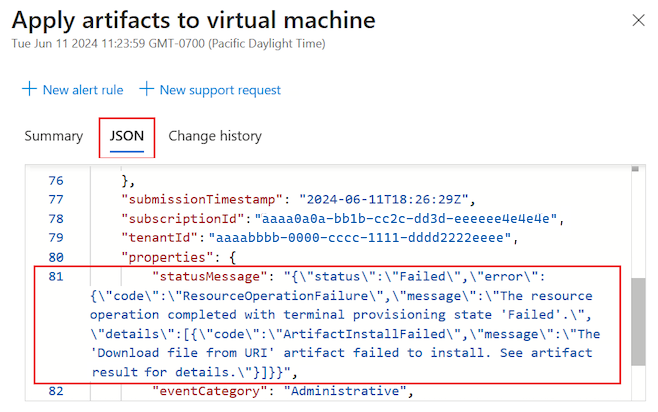 Skärmbild som visar hur du visar JSON-information för aktivitetsloggposten för en misslyckad artefakt.