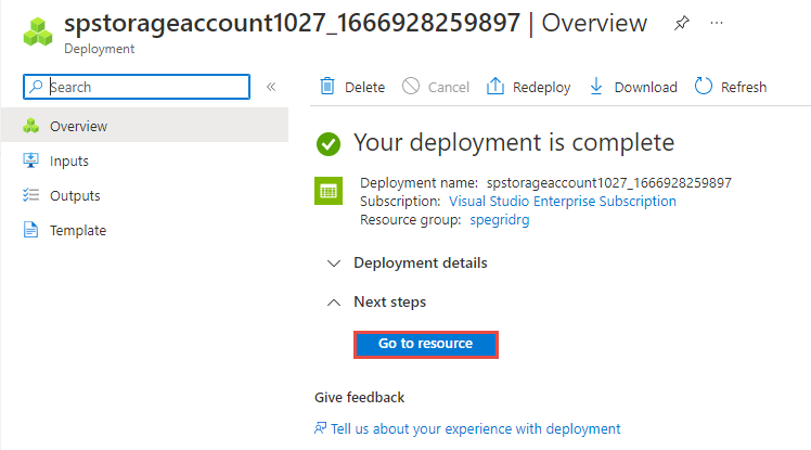 Screenshot showing the deployment succeeded page with a link to go to the resource.