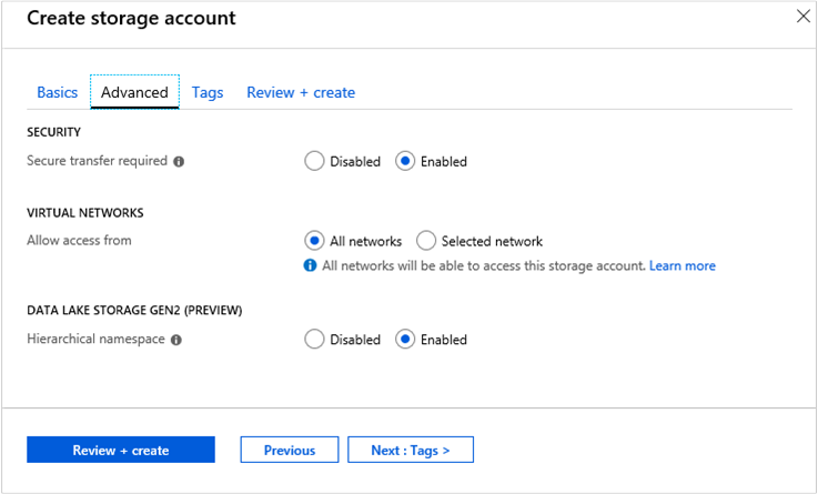 Skärmbild som visar hur lagringskontot skapas i Azure-portalen.