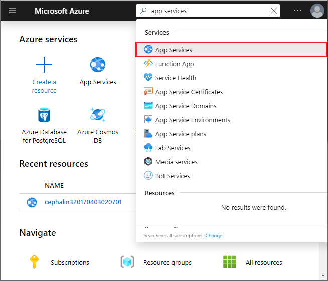 Skärmbild av Azure Portal, sökrutan och 