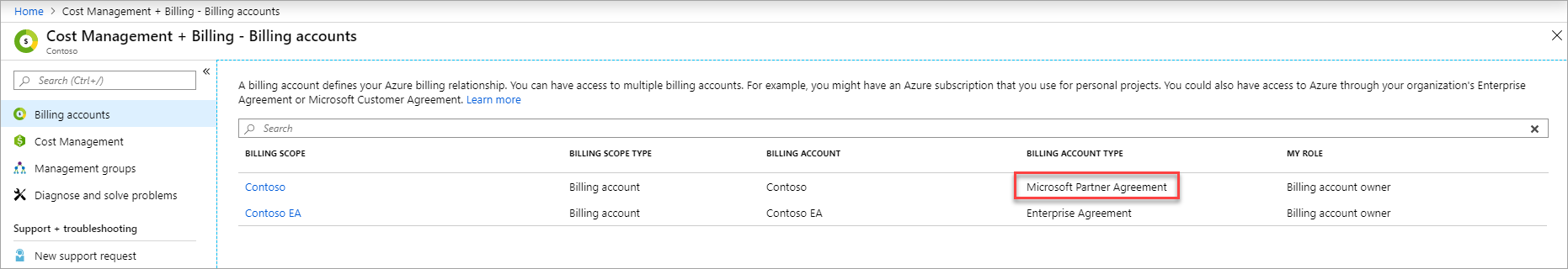 Skärmbild som visar Microsoft-partneravtal i listan med faktureringskonton