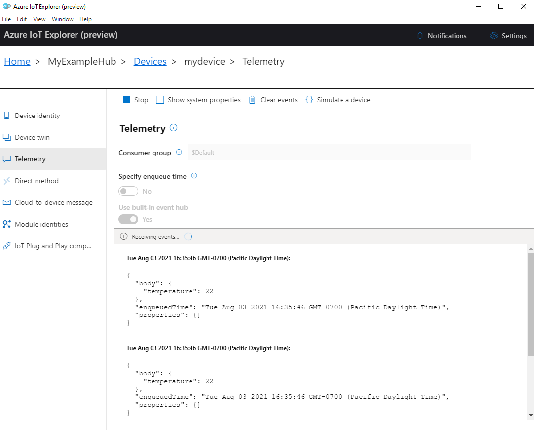 Skärmbild av enhetstelemetri i IoT Explorer