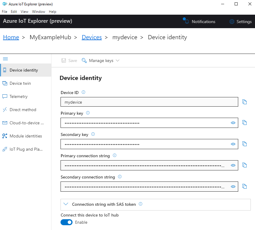 Skärmbild av Enhetsidentitet i Azure IoT Explorer