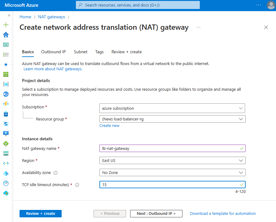 Skärmbild av fönstret Skapa nätverksadressöversättningsgateway i Azure-portalen.