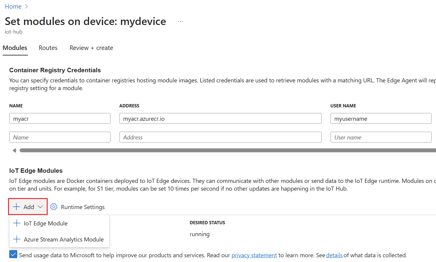 Skärmbild av hur du väljer knappen Lägg till IoT Edges-moduler i Azure-portalen.