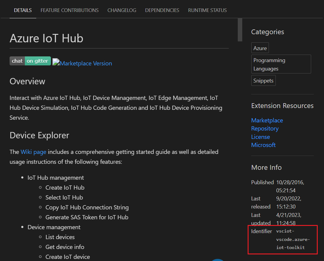 Skärmbild som visar tilläggsidentifieraren för Azure IoT Hub-tillägget från sidan med tilläggsinformation.