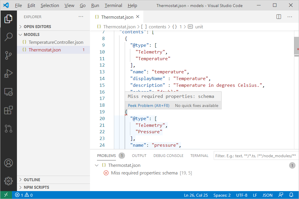 Skärmbild som visar DTDL-modellverifiering i VS Code.