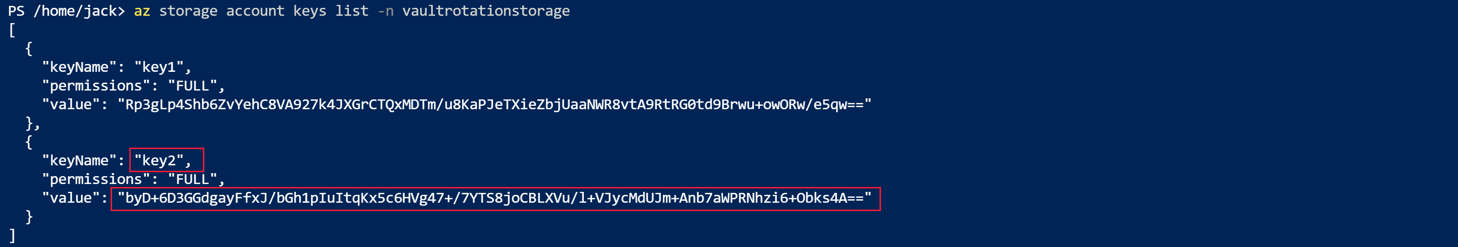 Skärmbild som visar utdata från kommandot A Z storage account keys list för det första lagringskontot.