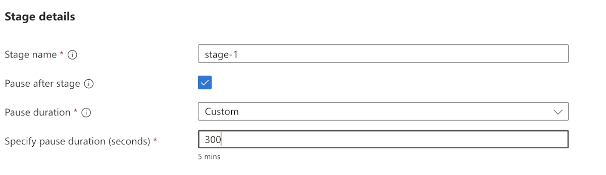 Skärmbild av sidan Azure Portal för att skapa en fas och definiera väntetid.