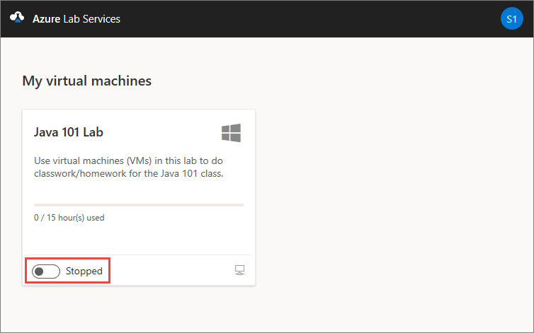 Skärmbild av sidan Mina virtuella datorer på Azure Lab Services webbplats, som markerar det stoppade tillståndet.