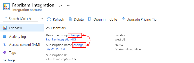 Skärmbild som visar Azure Portal, integrationskonto, översiktssida och valt ändringsalternativ, som ligger bredvid Resursgrupp eller Prenumerationsnamn.