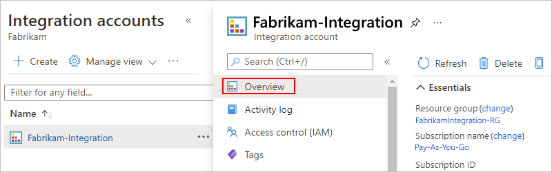 Skärmbild som visar Azure Portal med integrationskontomenyn och valt översiktsalternativ.