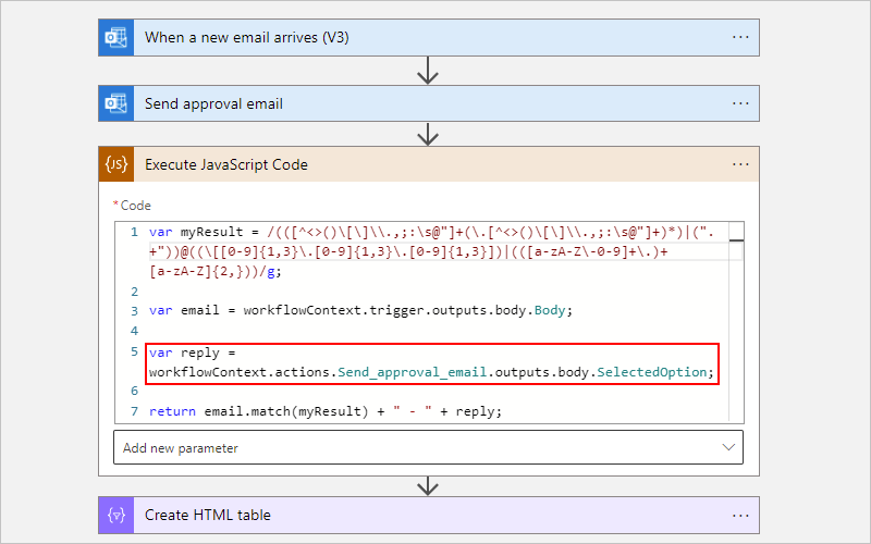 Skärmbild som visar förbrukningsarbetsflödet och åtgärden Kör JavaScript Code med uppdaterat exempelkodfragment.