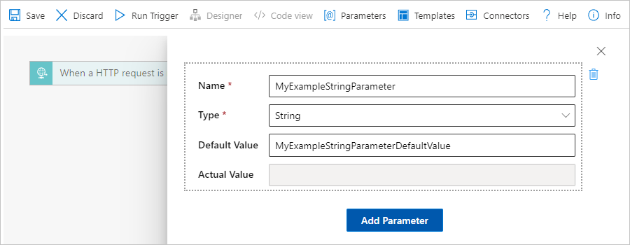 Skärmbild som visar Azure-portalen, arbetsflödet designer för förbrukning och fönstret Parametrar med en exempelparameterdefinition.