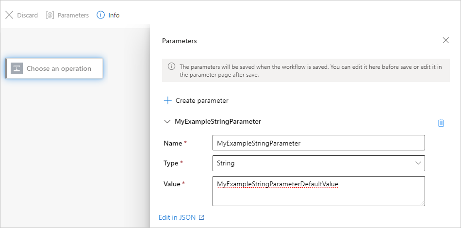 Skärmbild som visar Azure-portalen, designern för standardarbetsflödet och fönstret Parametrar med en exempelparameterdefinition.