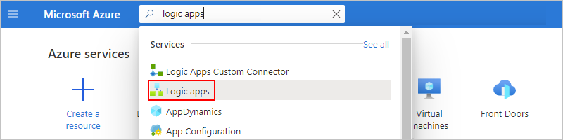 Skärmbild som visar Azure Portal sökruta med logikappar som söktext.