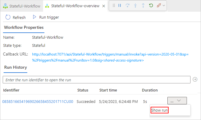 Skärmbild som visar arbetsflödets körningshistorikrad med den valda ellipsknappen och Visa körning.