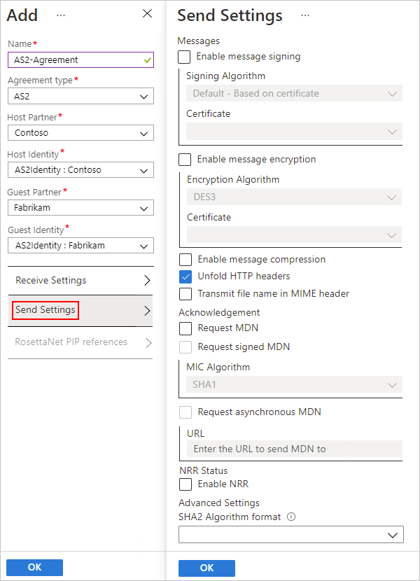 Skärmbild som visar Azure Portal- och AS2-avtalsinställningar för utgående meddelanden.